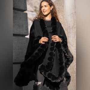 Saachi Anthropologie Cape Shawl Wrap Black Faux Fur Trim One Size
